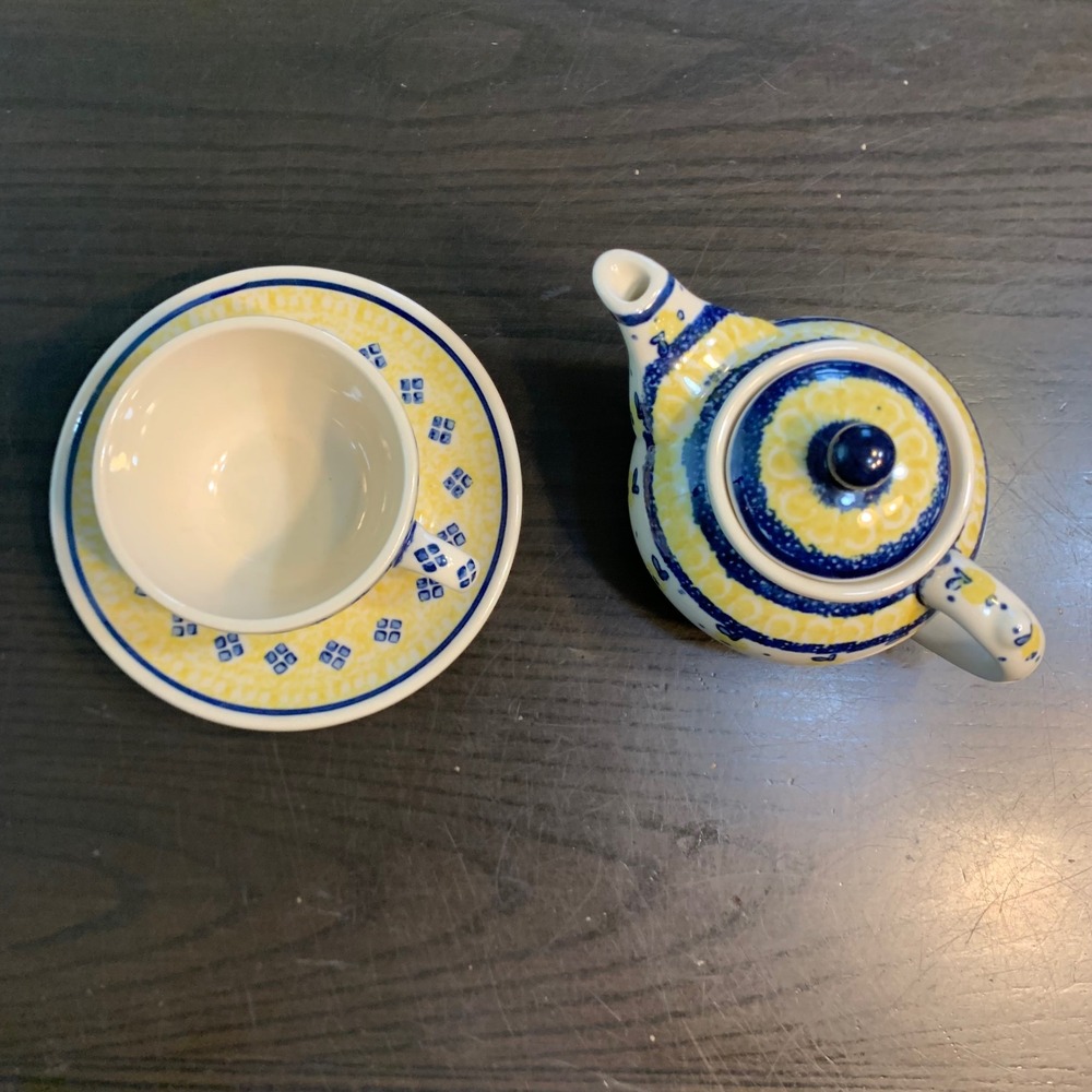Ceramika Artystyczna Polish Pottery Tea Set Teapot Cup Saucer Yellow Blue READ
